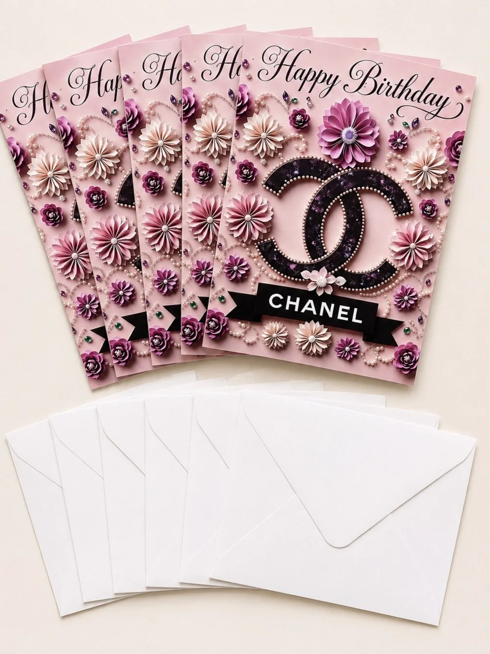 Luxury Pink Chanel Birthday Card Set of 6 with Envelopes